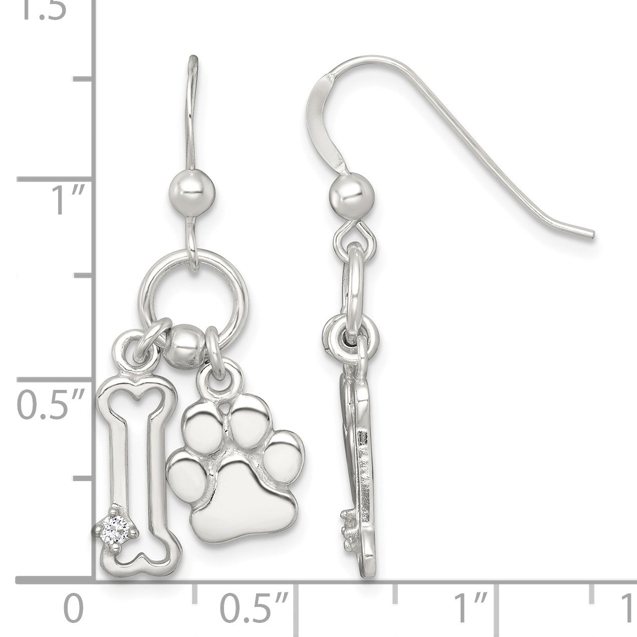 Sterling Silver Polished White CZ Bone and Paw Dangle Shepherd Hook Earrings