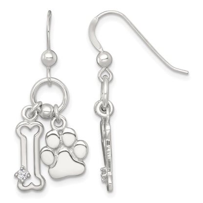Sterling Silver Polished White CZ Bone and Paw Dangle Shepherd Hook Earrings