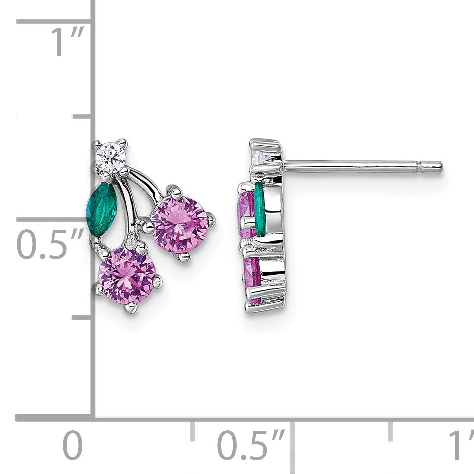 Sterling Silver Rhodium-plated CZ and Lab Created Corundum and Green Glass Cherry Post Earrings