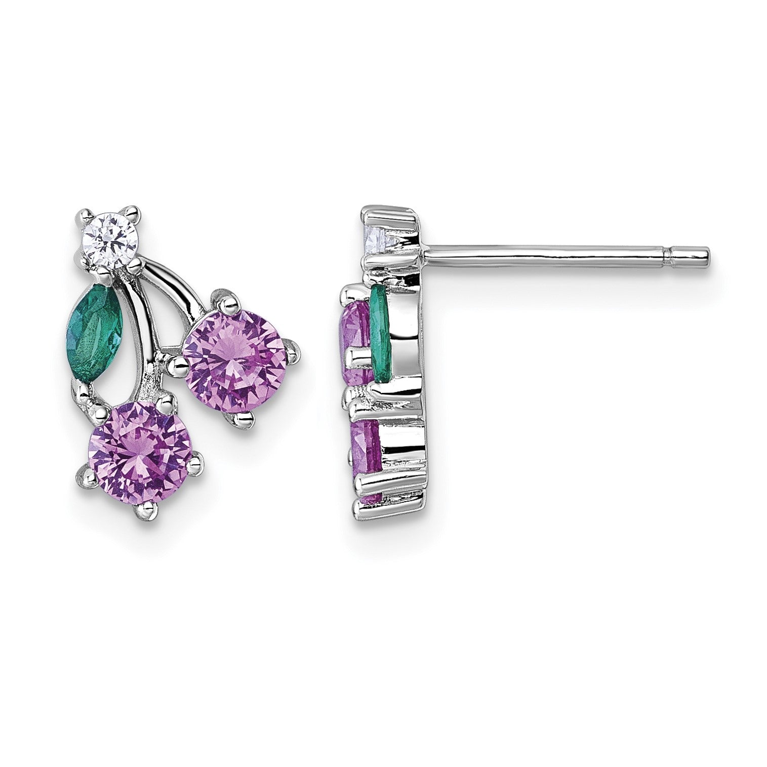 Sterling Silver Rhodium-plated CZ and Lab Created Corundum and Green Glass Cherry Post Earrings