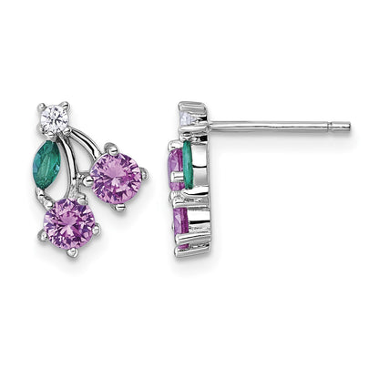 Sterling Silver Rhodium-plated CZ and Lab Created Corundum and Green Glass Cherry Post Earrings