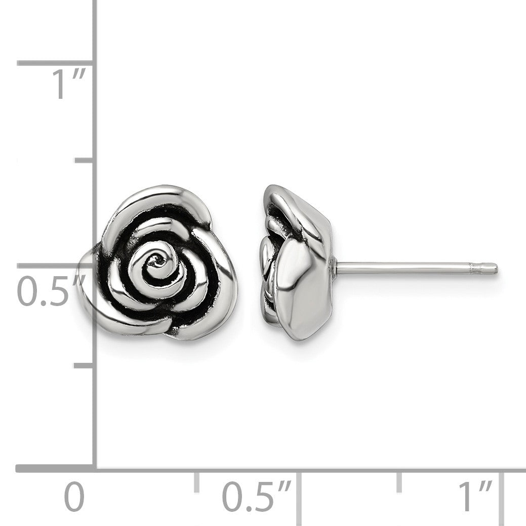 Sterling Silver Polished and Antiqued Rose Post Earrings