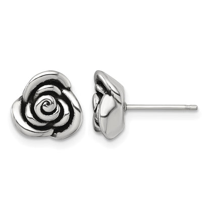Sterling Silver Polished and Antiqued Rose Post Earrings