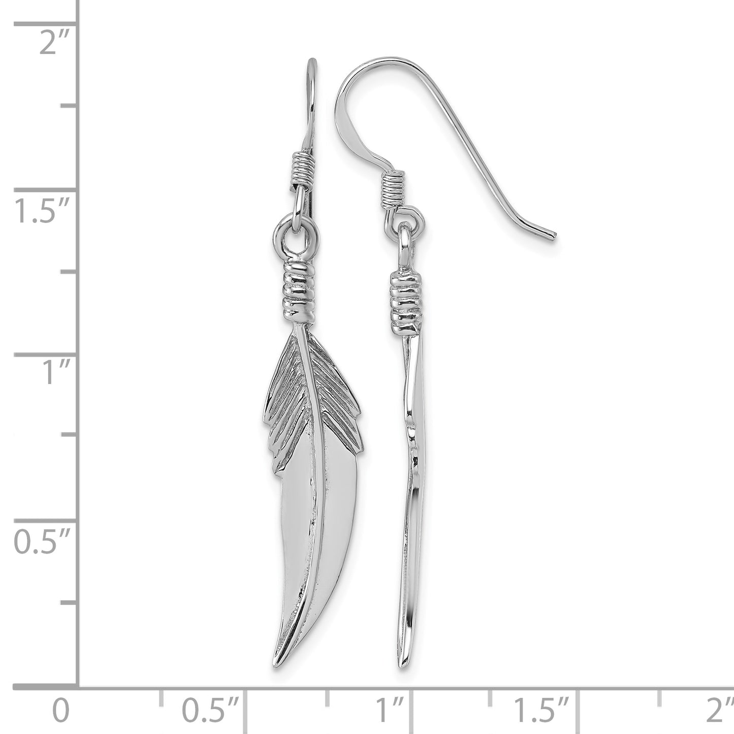 Sterling Silver Rhodium-plated Polished and Textured Feather Dangle Shepherd Hook Earrings