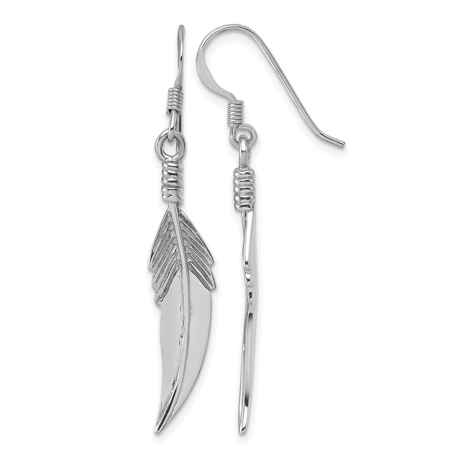 Sterling Silver Rhodium-plated Polished and Textured Feather Dangle Shepherd Hook Earrings