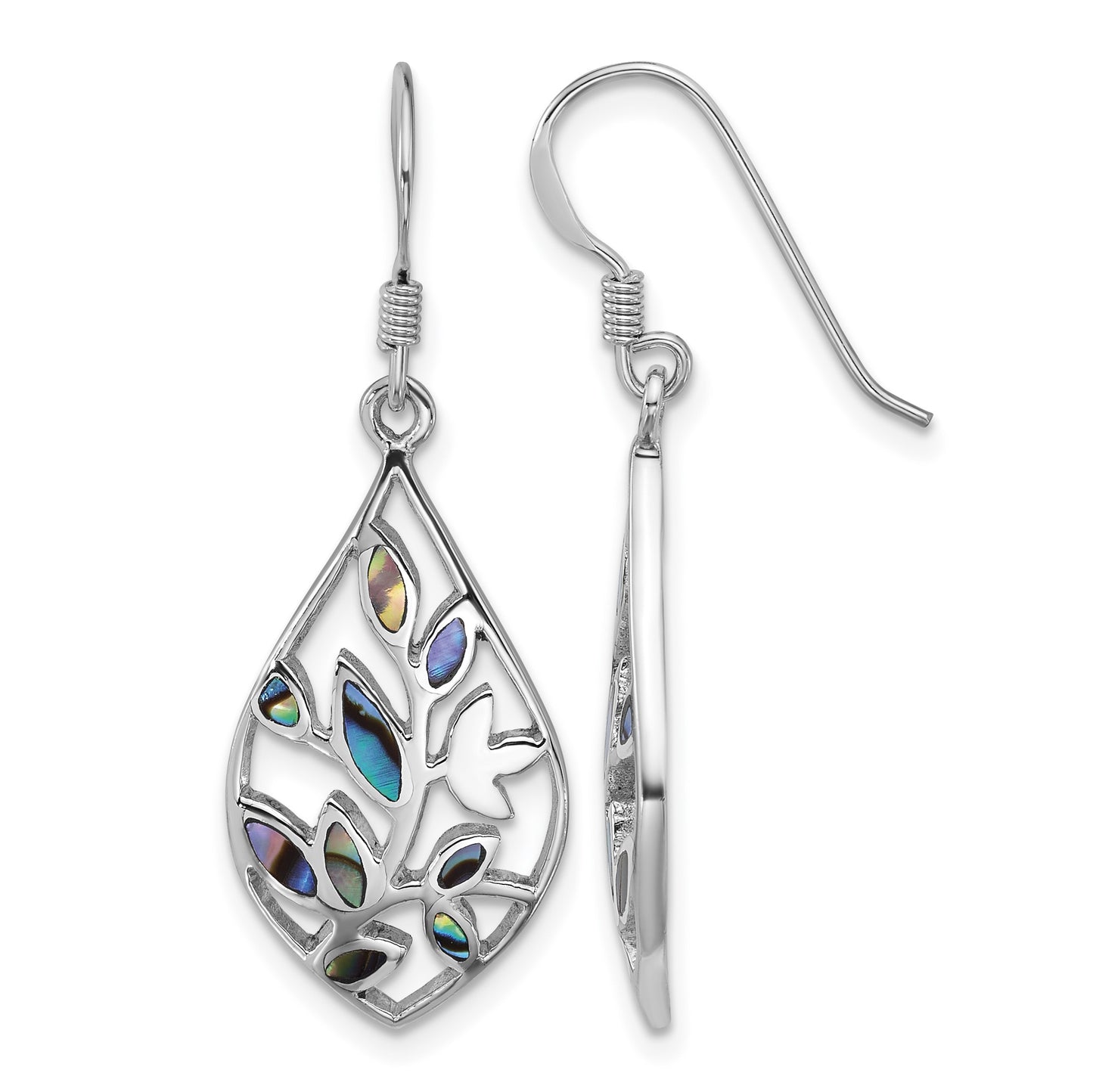 Sterling Silver Rhodium-plated Polished Abalone Floral Dangle Shepherd Hook Earrings