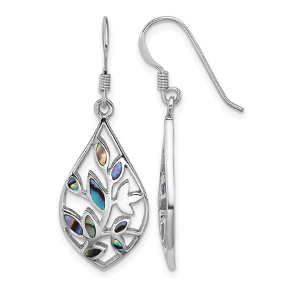 Sterling Silver Rhodium-plated Polished Abalone Floral Dangle Shepherd Hook Earrings