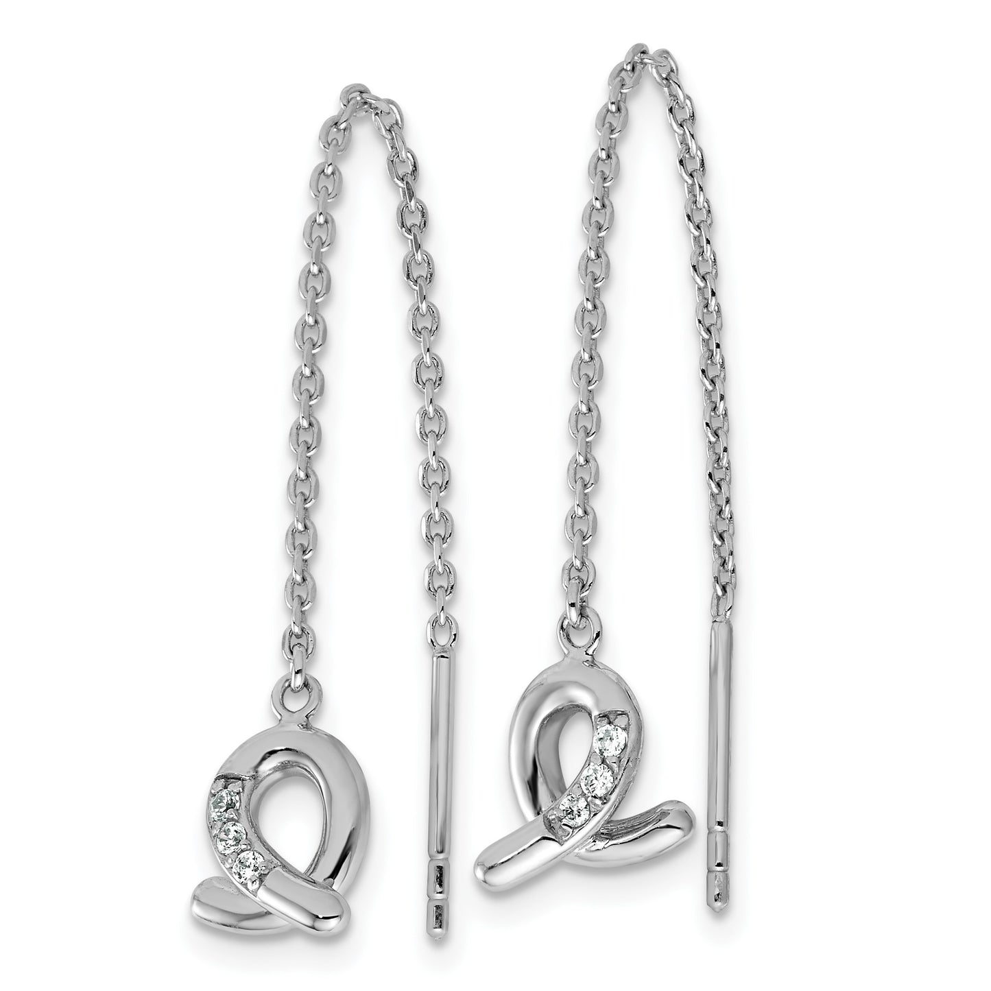Sterling Silver Rhodium-plated CZ Awareness Ribbon Dangle Threader Earrings