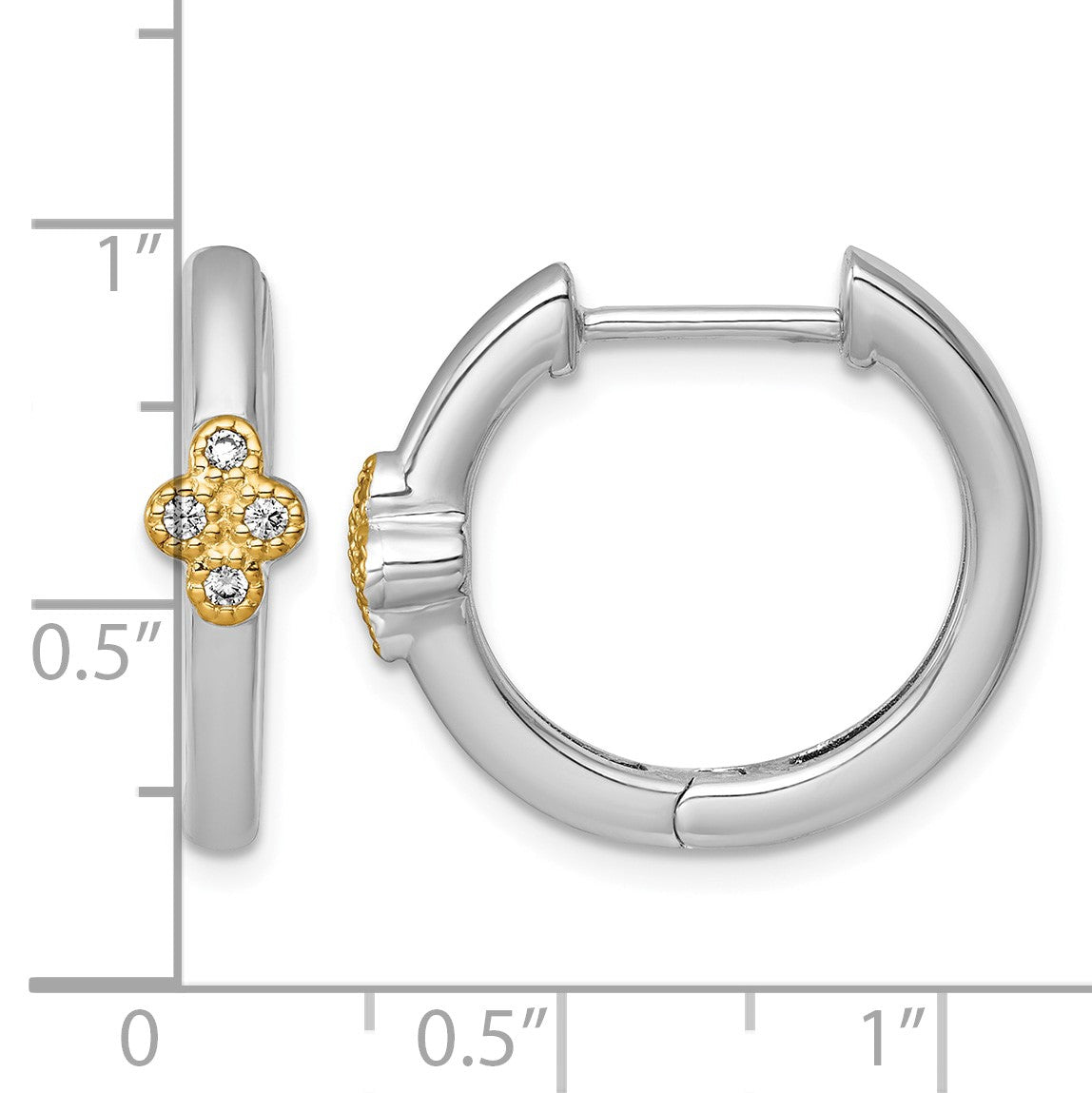 Sterling Silver Rhodium-plated with 14k Accent Polished CZ Hinged Hoop Earrings