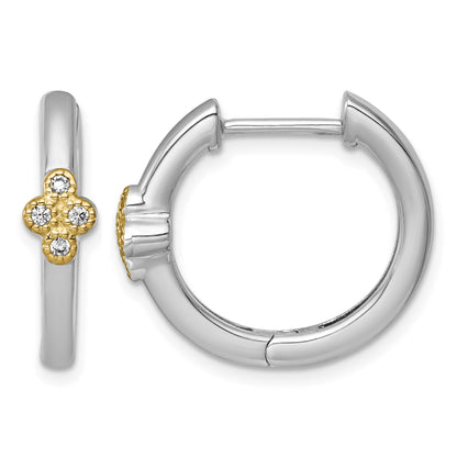Sterling Silver Rhodium-plated with 14k Accent Polished CZ Hinged Hoop Earrings