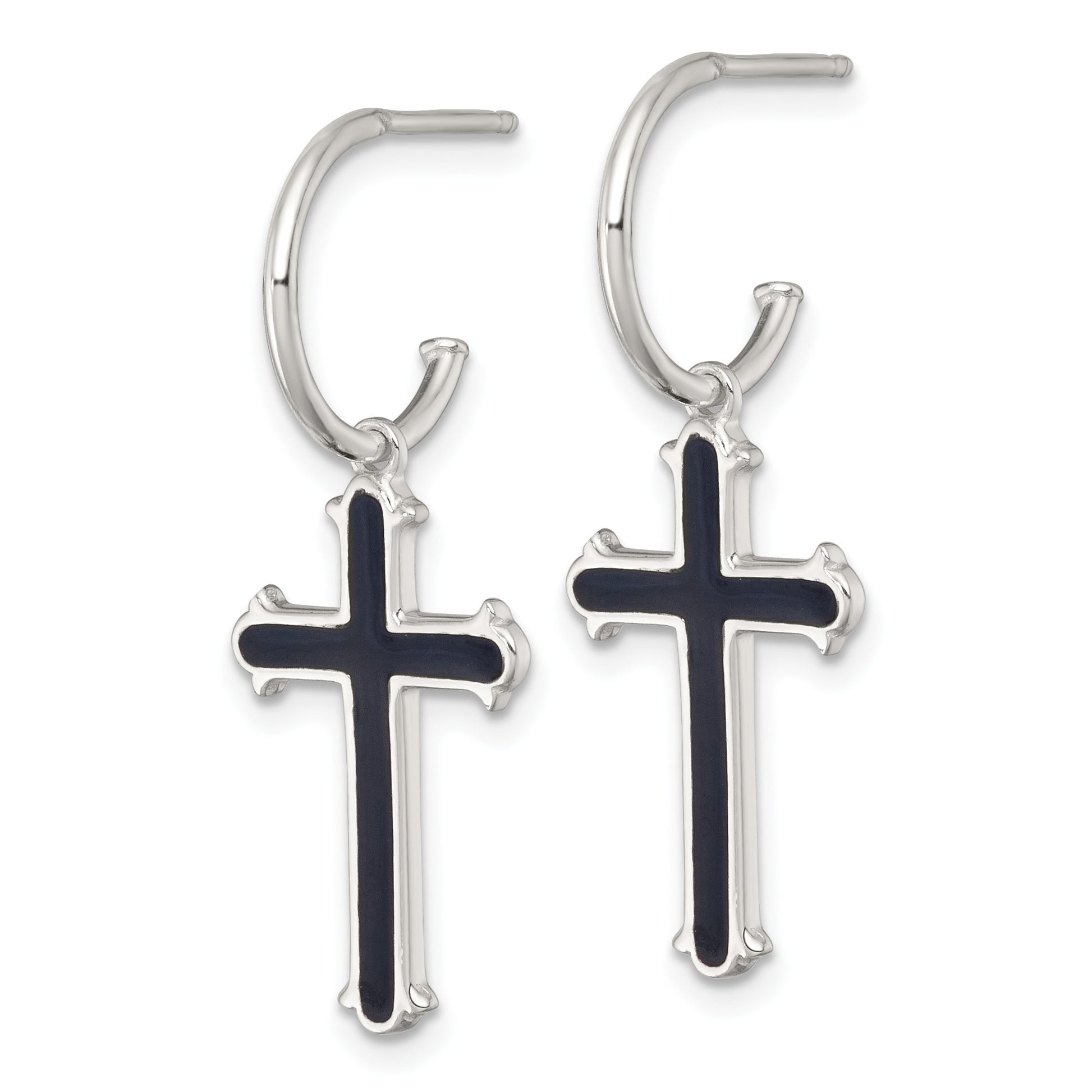 Sterling Silver Polished Black Enamel Cross Dangle C-Hoop Post Earrings