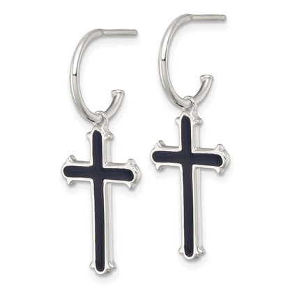 Sterling Silver Polished Black Enamel Cross Dangle C-Hoop Post Earrings