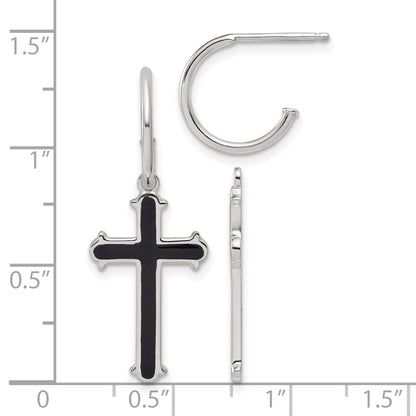Sterling Silver Polished Black Enamel Cross Dangle C-Hoop Post Earrings