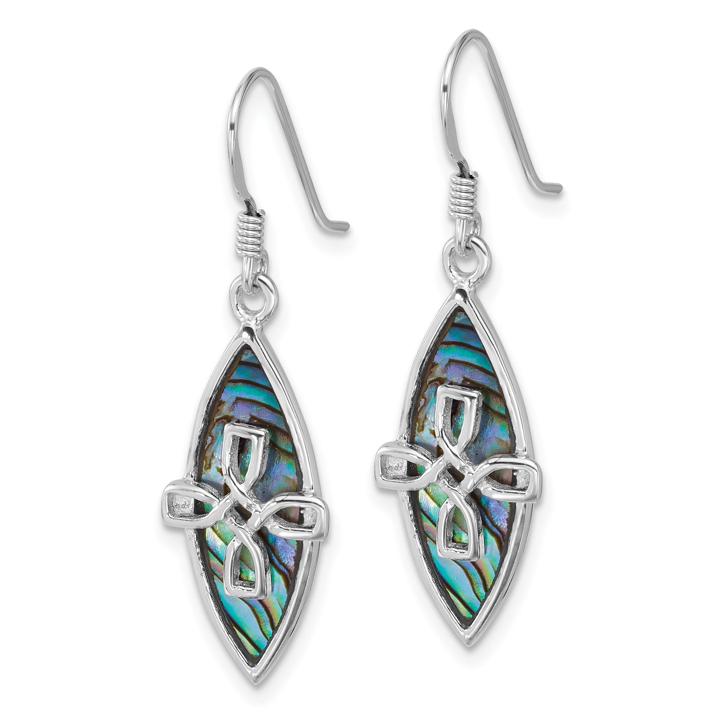 Sterling Silver Rhodium-plated Polished Abalone Cross Dangle Shepherd Hook Earrings