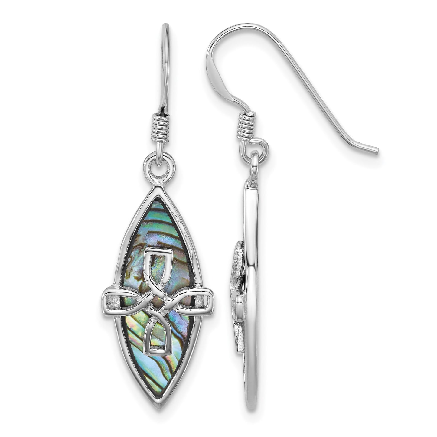 Sterling Silver Rhodium-plated Polished Abalone Cross Dangle Shepherd Hook Earrings