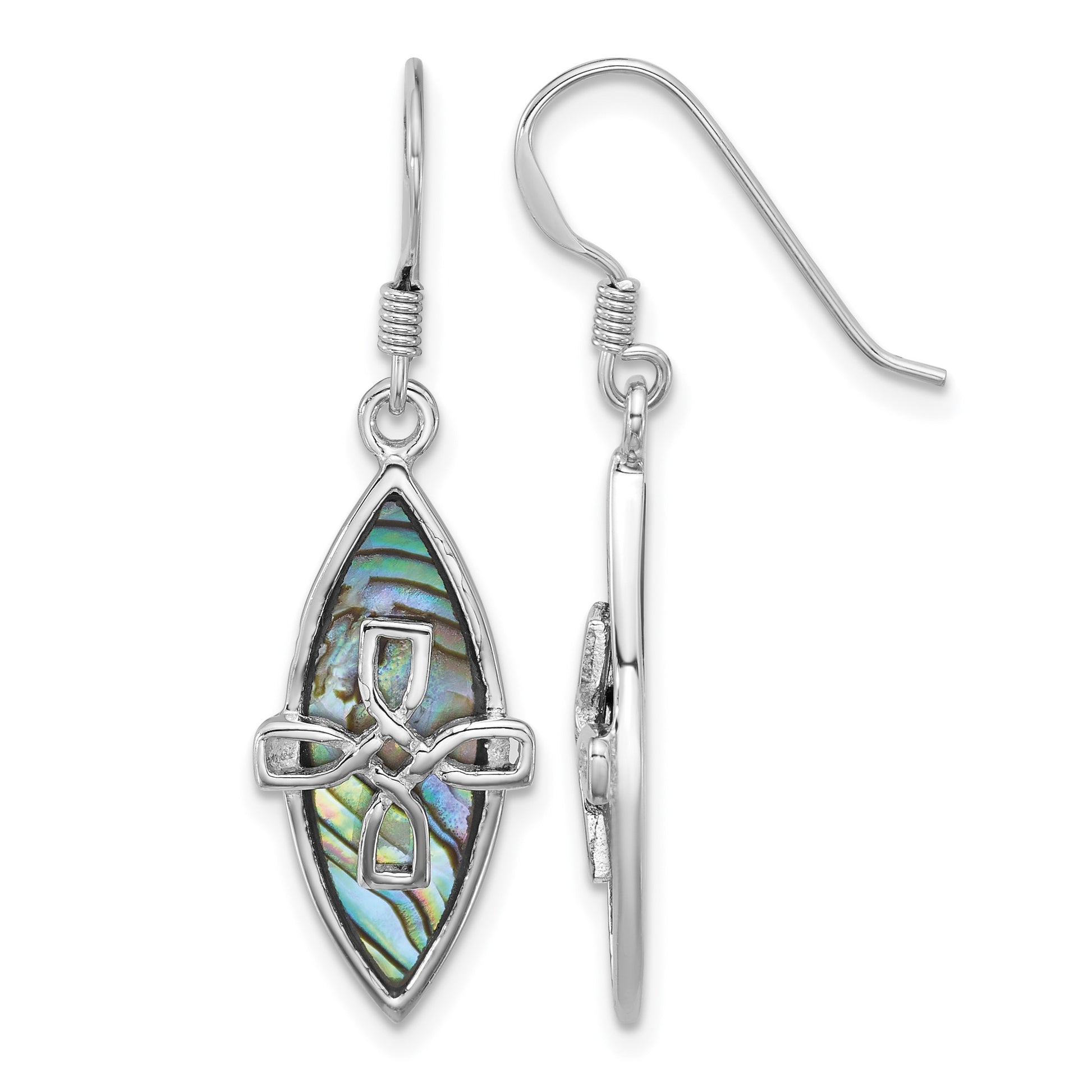 Sterling Silver Rhodium-plated Polished Abalone Cross Dangle Shepherd Hook Earrings