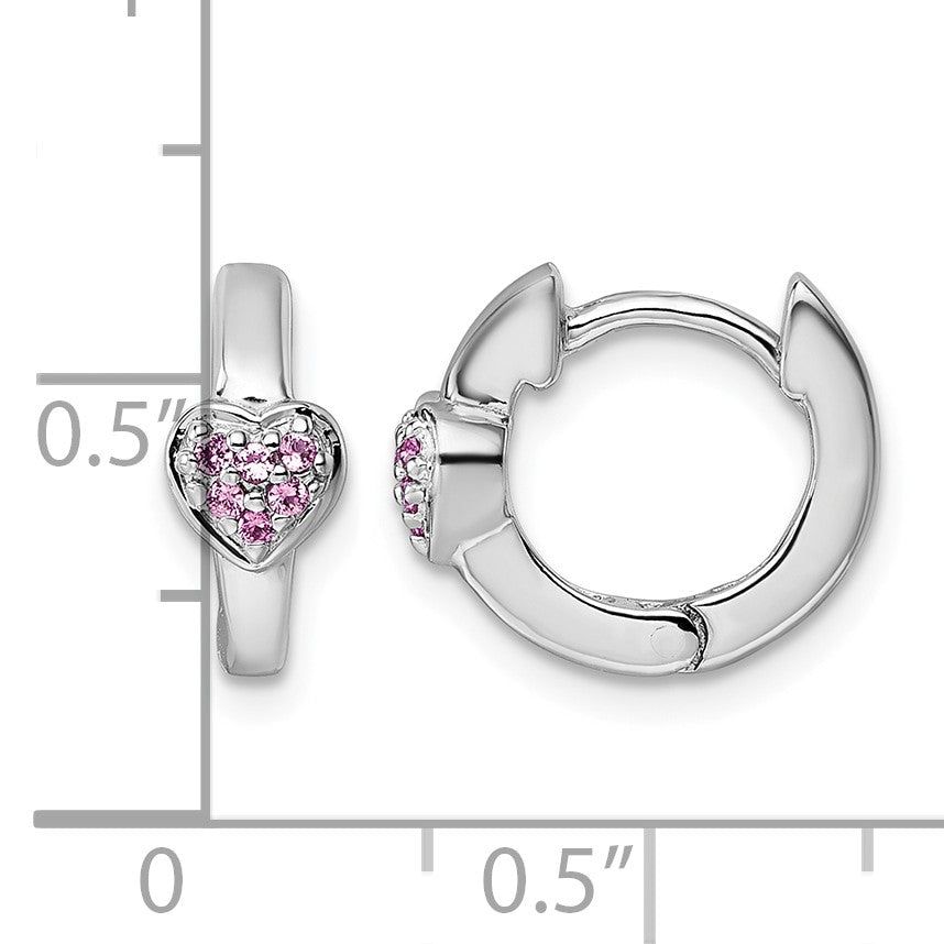 Sterling Silver Rhodium-plated Polished Pink CZ Heart 2mm x 11mm Hinged Hoop Earrings