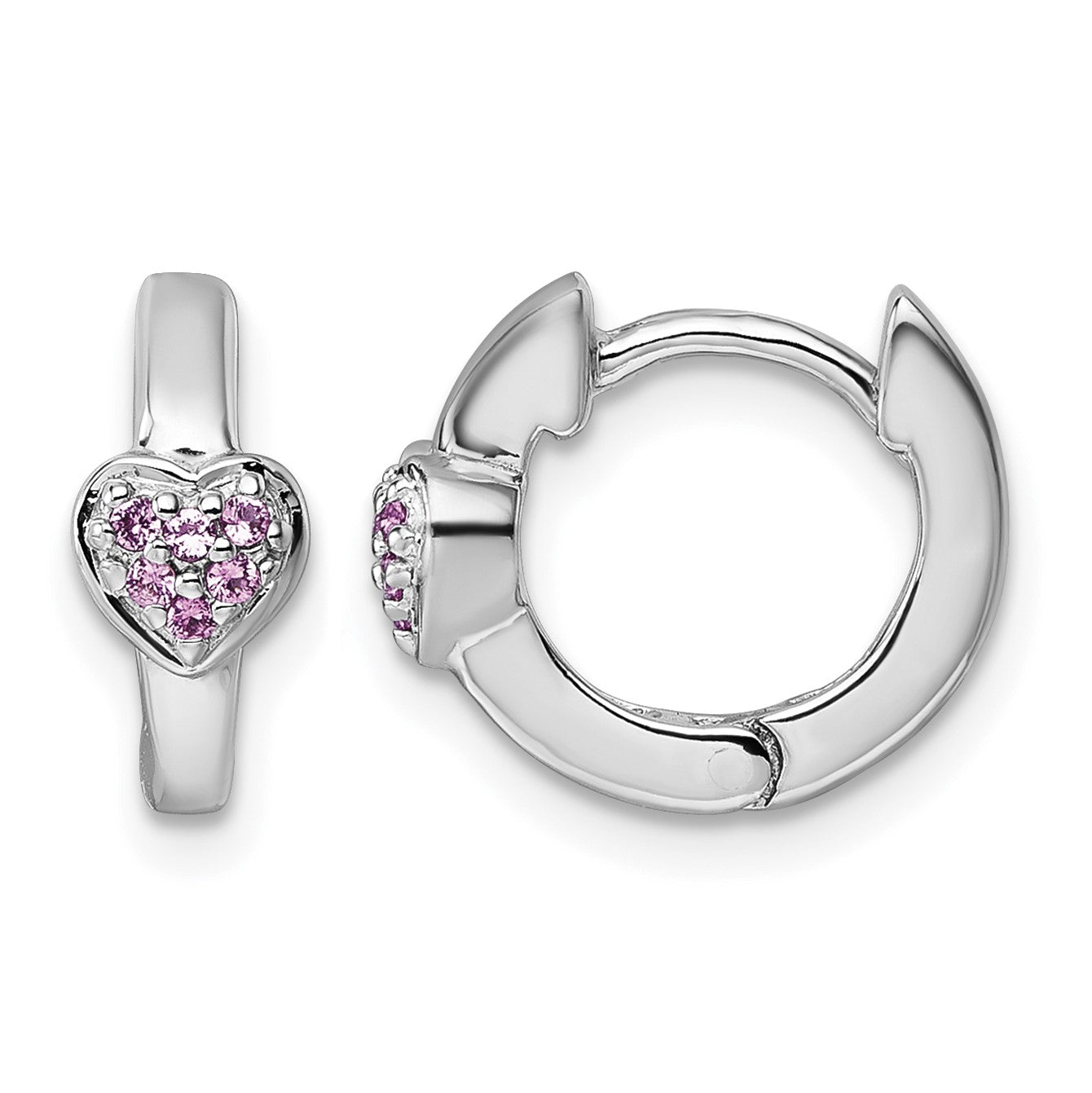 Sterling Silver Rhodium-plated Polished Pink CZ Heart 2mm x 11mm Hinged Hoop Earrings