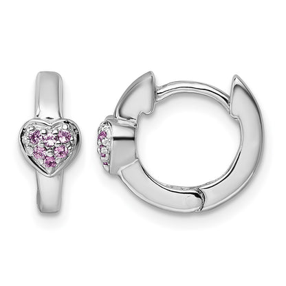 Sterling Silver Rhodium-plated Polished Pink CZ Heart 2mm x 11mm Hinged Hoop Earrings