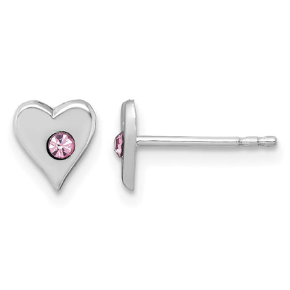 Sterling Silver Madi K Rhodium-plated Pink Crystal Heart Childrens Post Earrings