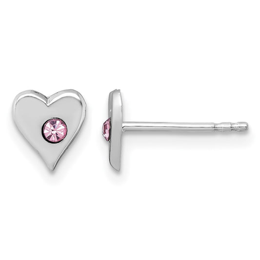 Sterling Silver Madi K Rhodium-plated Pink Crystal Heart Childrens Post Earrings