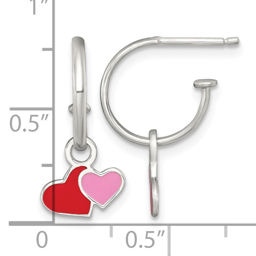 Sterling Silver Polished Red and Pink Enameled Hearts Dangle Childrens C-Hoop Post Earrings