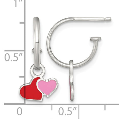 Sterling Silver Polished Red and Pink Enameled Hearts Dangle Childrens C-Hoop Post Earrings