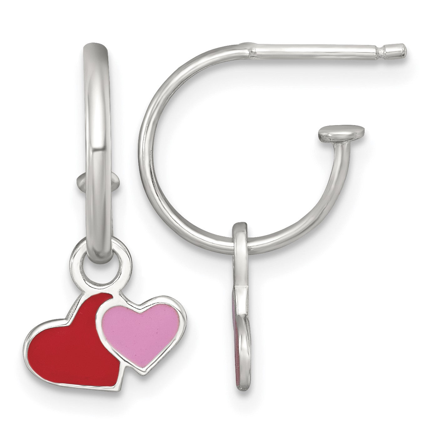 Sterling Silver Polished Red and Pink Enameled Hearts Dangle Childrens C-Hoop Post Earrings