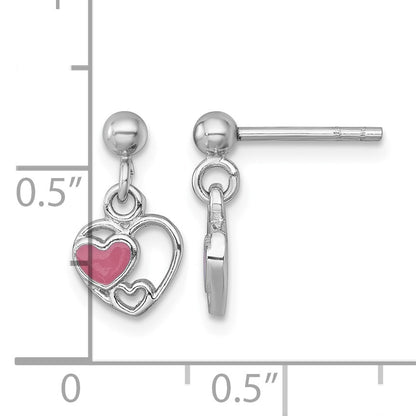 Sterling Silver Rhodium-plated Polished with Pink Enamel Triple Heart Post Dangle Earrings