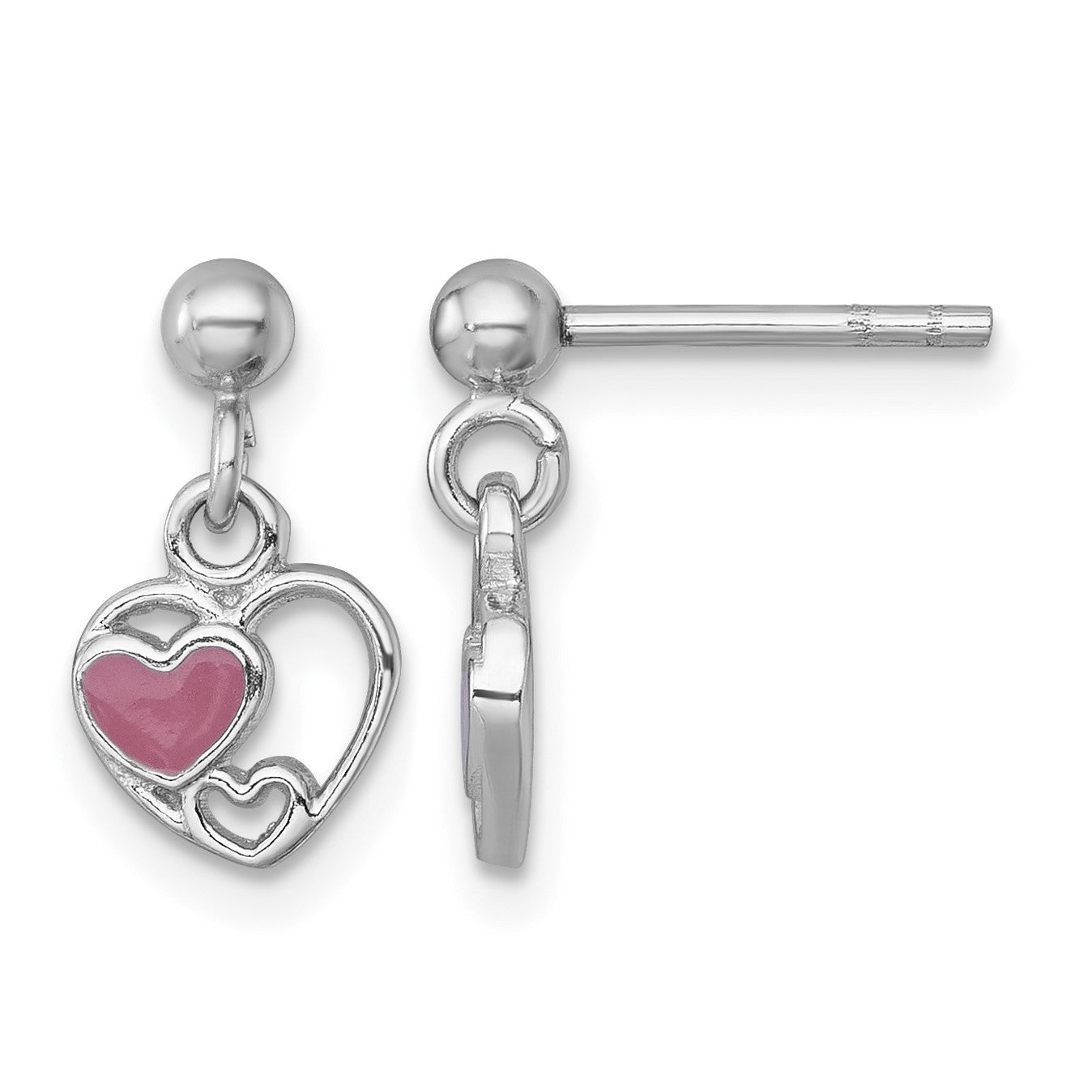 Sterling Silver Rhodium-plated Polished with Pink Enamel Triple Heart Post Dangle Earrings