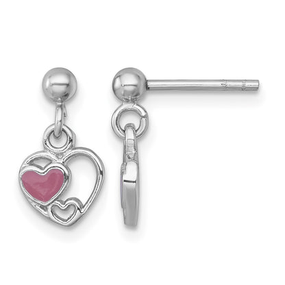 Sterling Silver Rhodium-plated Polished with Pink Enamel Triple Heart Post Dangle Earrings