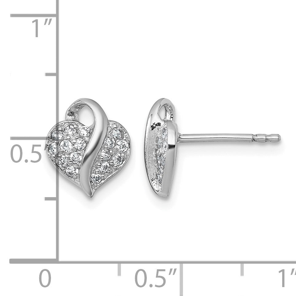 Sterling Silver Rhodium-plated Polished Pave CZ Heart Childrens Post Earrings