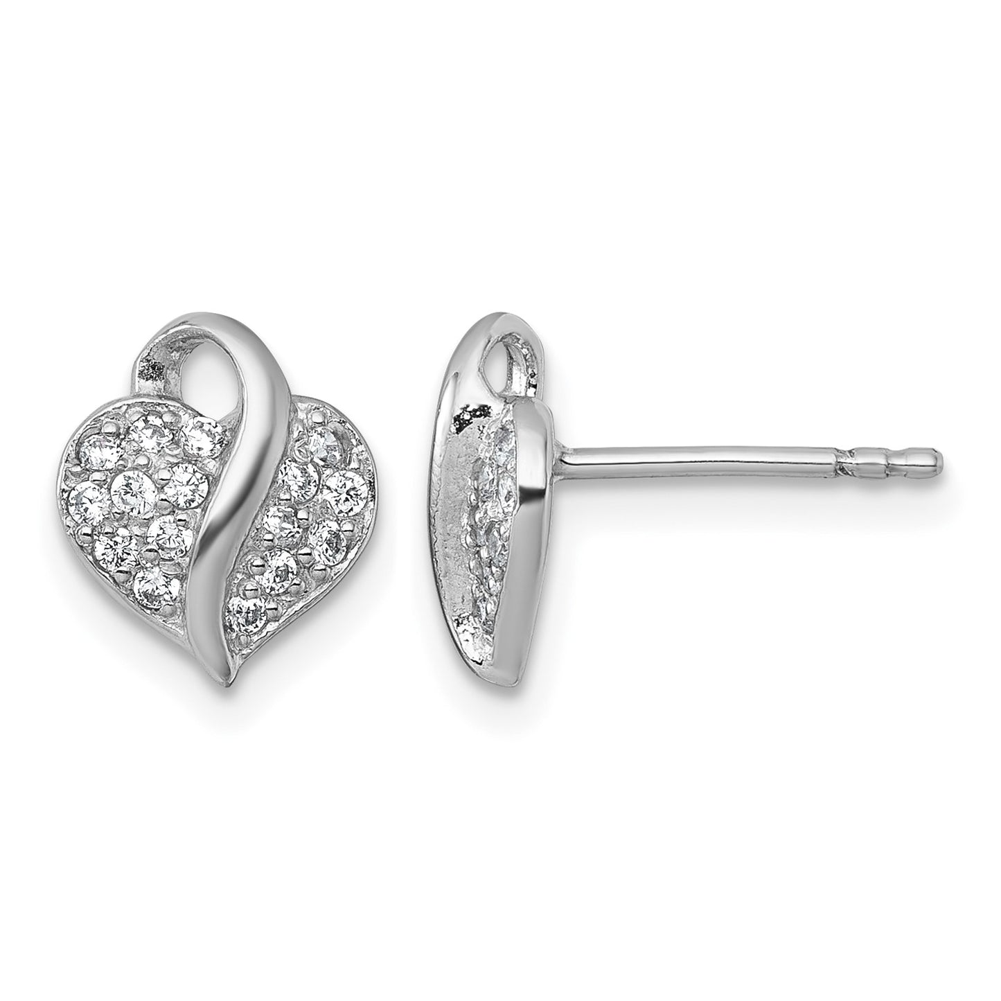 Sterling Silver Rhodium-plated Polished Pave CZ Heart Childrens Post Earrings