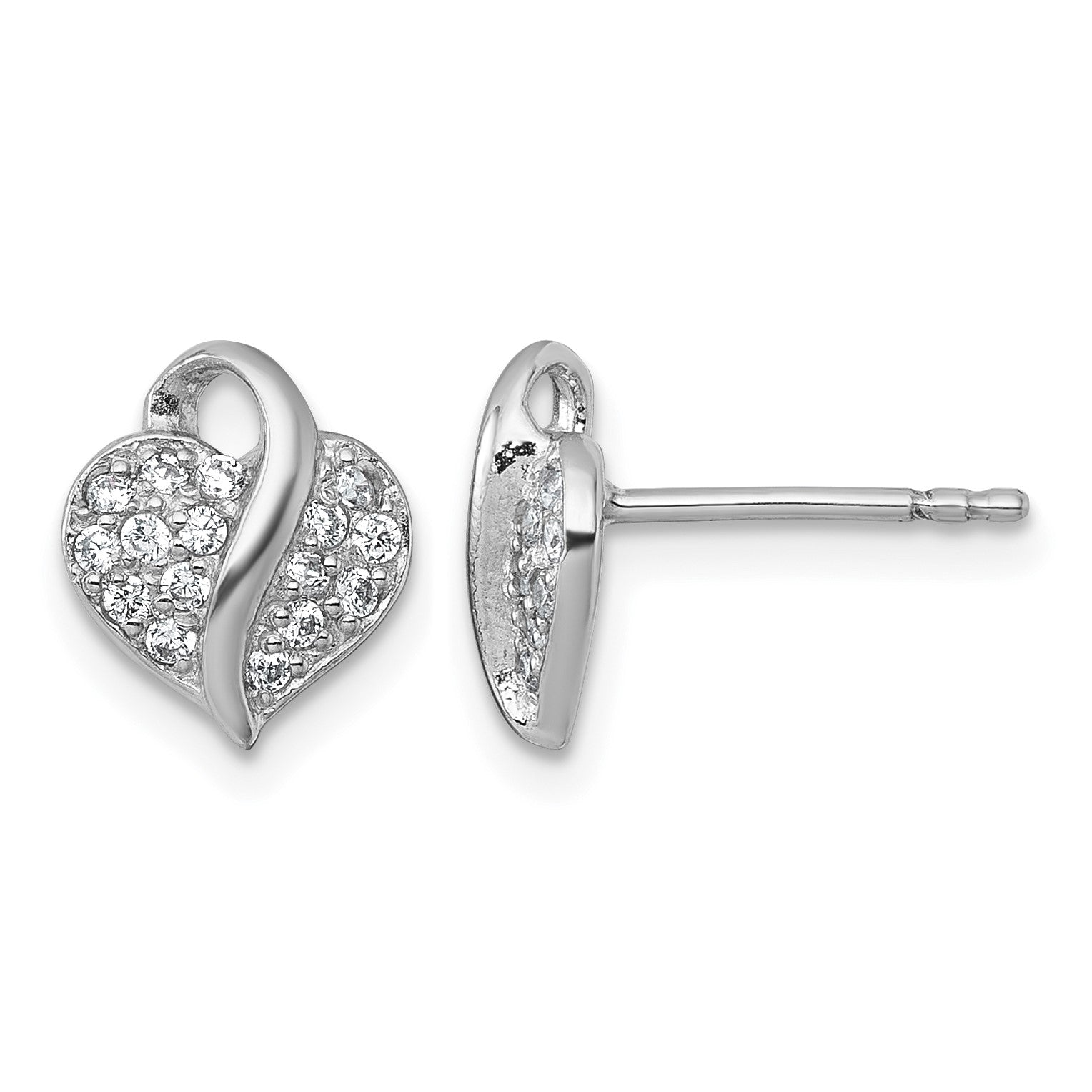 Sterling Silver Rhodium-plated Polished Pave CZ Heart Childrens Post Earrings