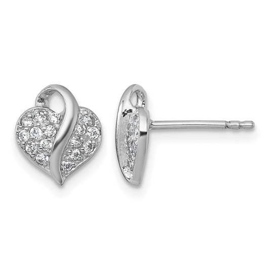 Sterling Silver Rhodium-plated Polished Pave CZ Heart Childrens Post Earrings