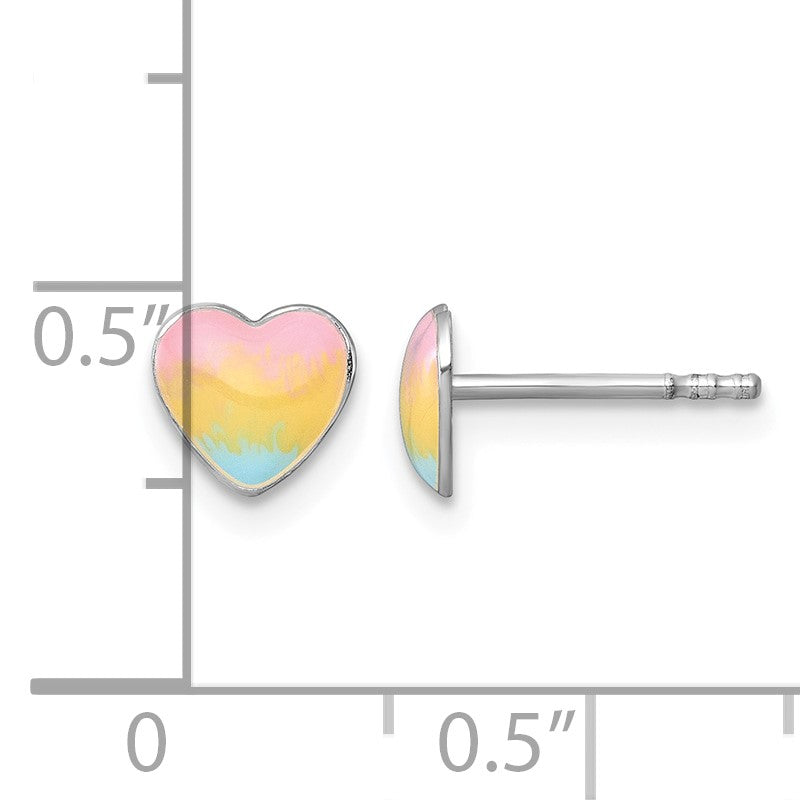 Sterling Silver Madi K Rhodium-plated Enameled Pastel Rainbow Heart Childrens Post Earrings