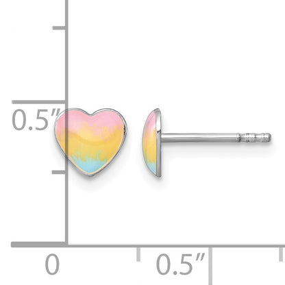 Sterling Silver Madi K Rhodium-plated Enameled Pastel Rainbow Heart Childrens Post Earrings