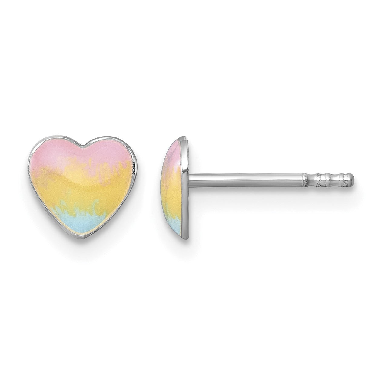 Sterling Silver Madi K Rhodium-plated Enameled Pastel Rainbow Heart Childrens Post Earrings