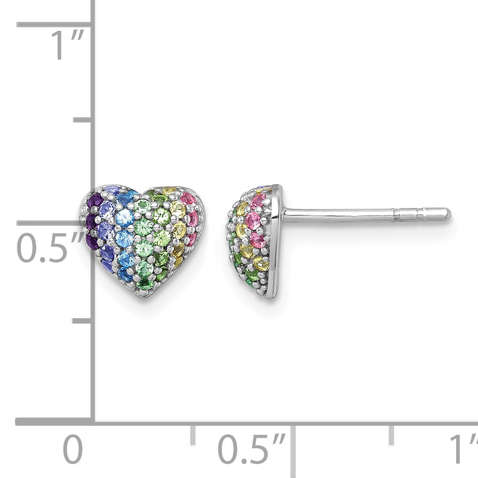 Sterling Silver Rhodium-plated Polished Rainbow Nano Crystals Heart Shape Childrens Post Earrings