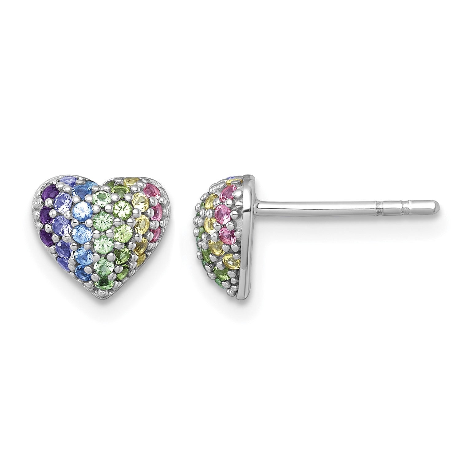 Sterling Silver Rhodium-plated Polished Rainbow Nano Crystals Heart Shape Childrens Post Earrings