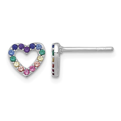 Sterling Silver Rhodium-plated Polished Rainbow Nano Crystals Open Heart Shape Childrens Post Earrings