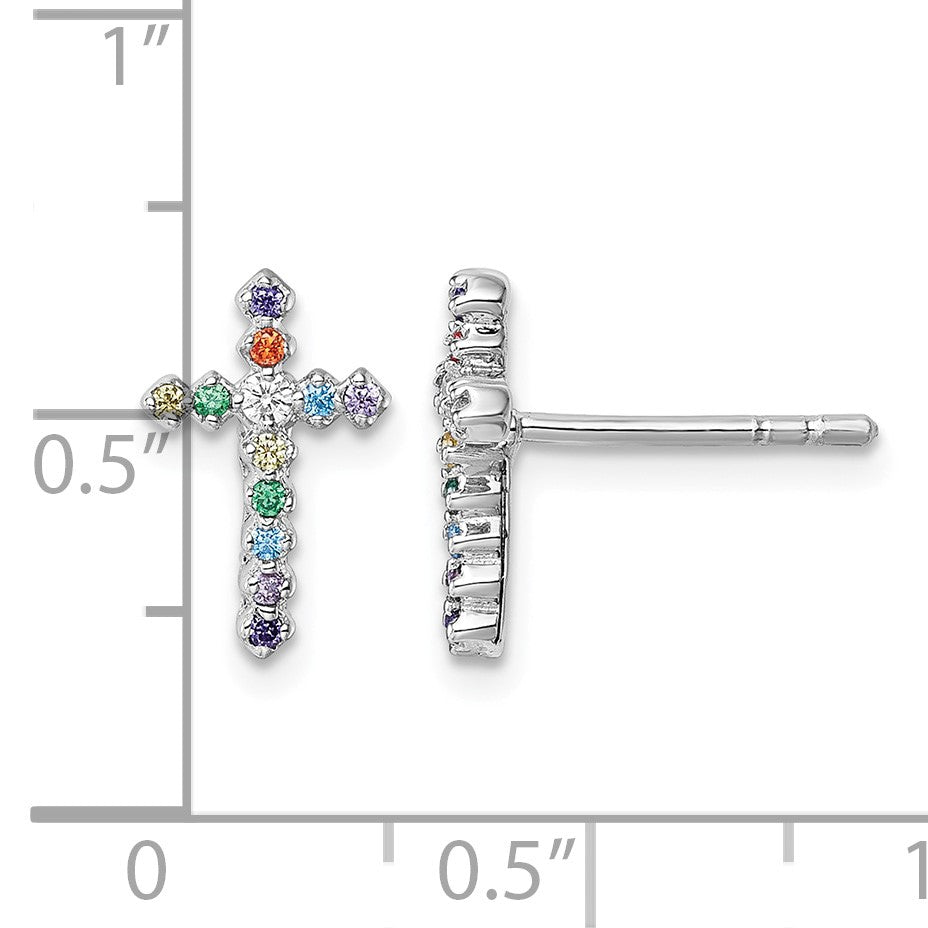 Sterling Silver Rhodium-plated Polished Multi-color CZ Cross Post Earrings