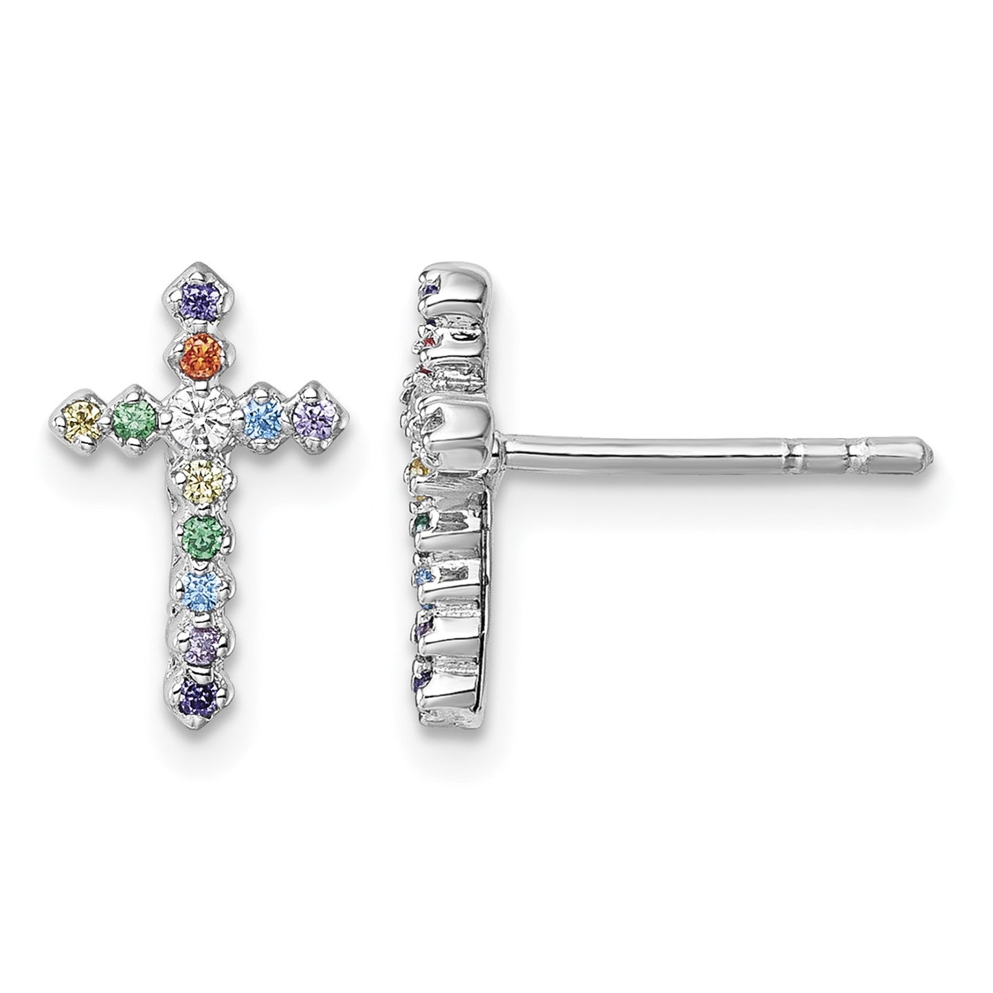 Sterling Silver Rhodium-plated Polished Multi-color CZ Cross Post Earrings