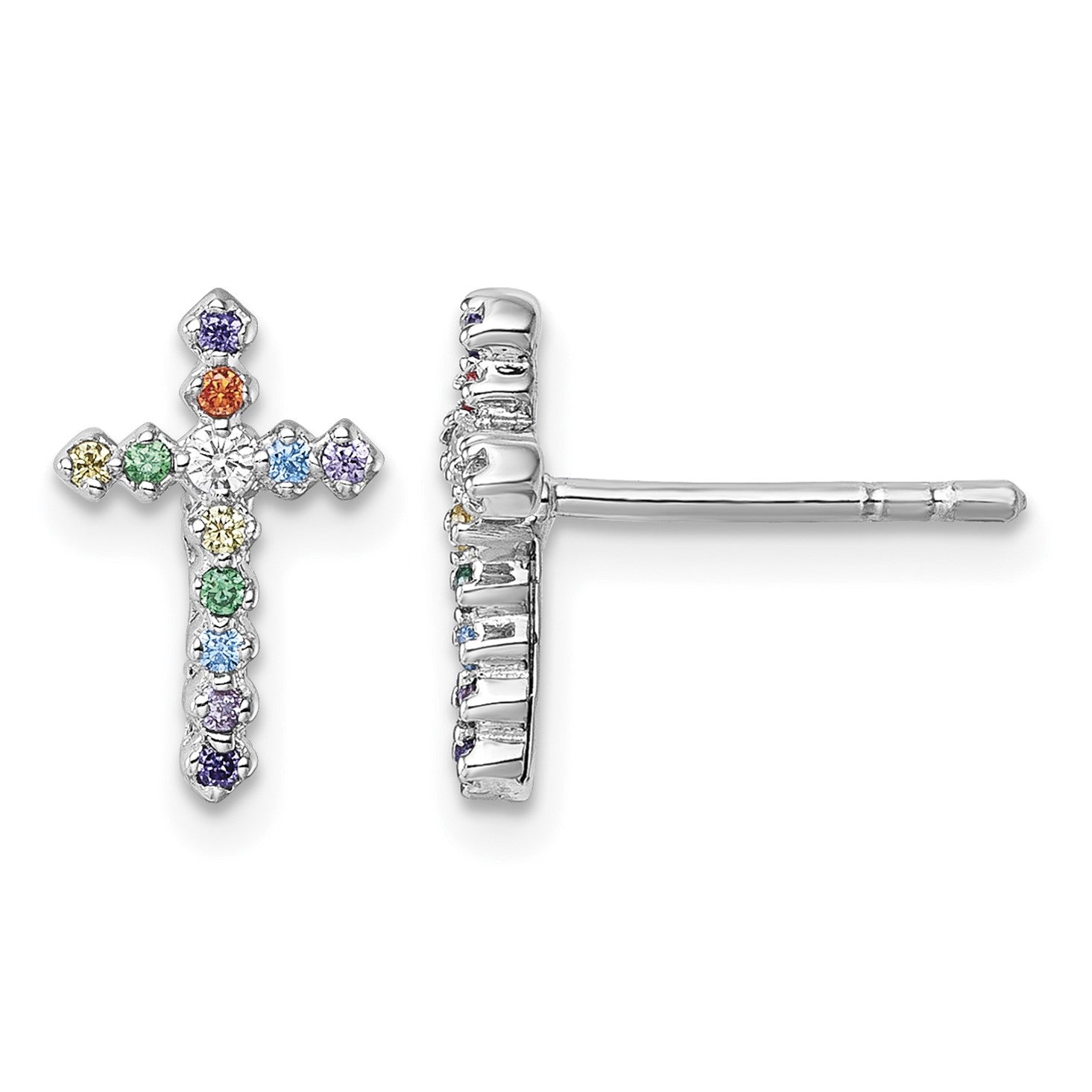 Sterling Silver Rhodium-plated Polished Multi-color CZ Cross Post Earrings