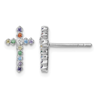 Sterling Silver Rhodium-plated Polished Multi-color CZ Cross Post Earrings