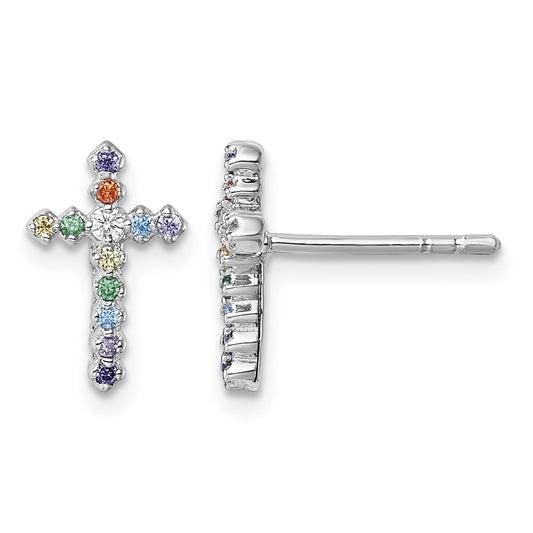 Sterling Silver Rhodium-plated Polished Multi-color CZ Cross Post Earrings