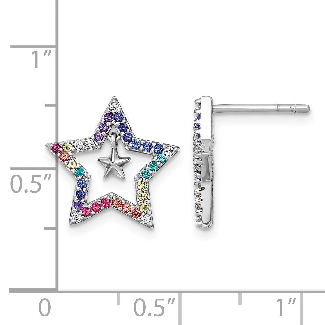 Sterling Silver Rhodium-plated Polished Rainbow Nano Crystals Star with Mini Star Dangle Childrens Post Earrings