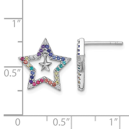 Sterling Silver Rhodium-plated Polished Rainbow Nano Crystals Star with Mini Star Dangle Childrens Post Earrings