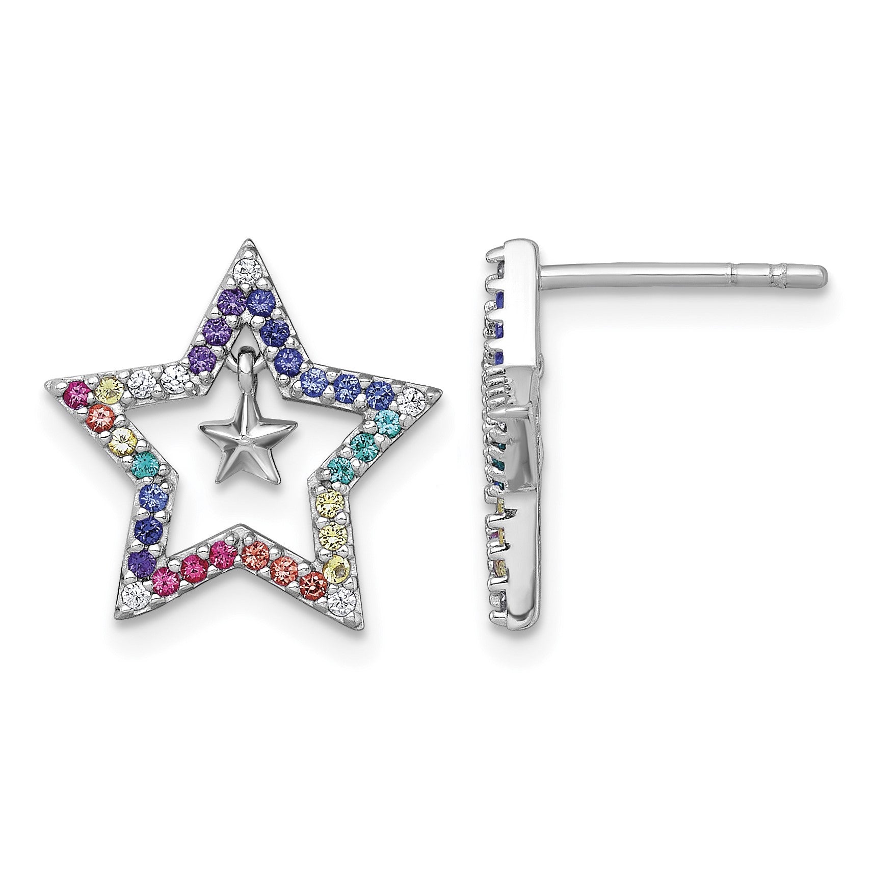 Sterling Silver Rhodium-plated Polished Rainbow Nano Crystals Star with Mini Star Dangle Childrens Post Earrings