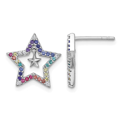 Sterling Silver Rhodium-plated Polished Rainbow Nano Crystals Star with Mini Star Dangle Childrens Post Earrings